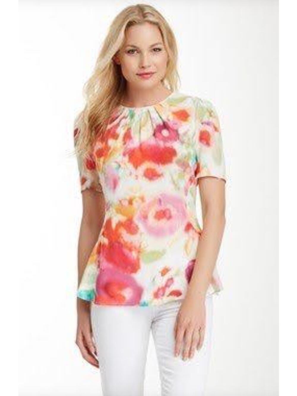 Kate Spade Womens 6 Multicolor Floral Tulip Viscose Peplum Short Sleeve Blouse